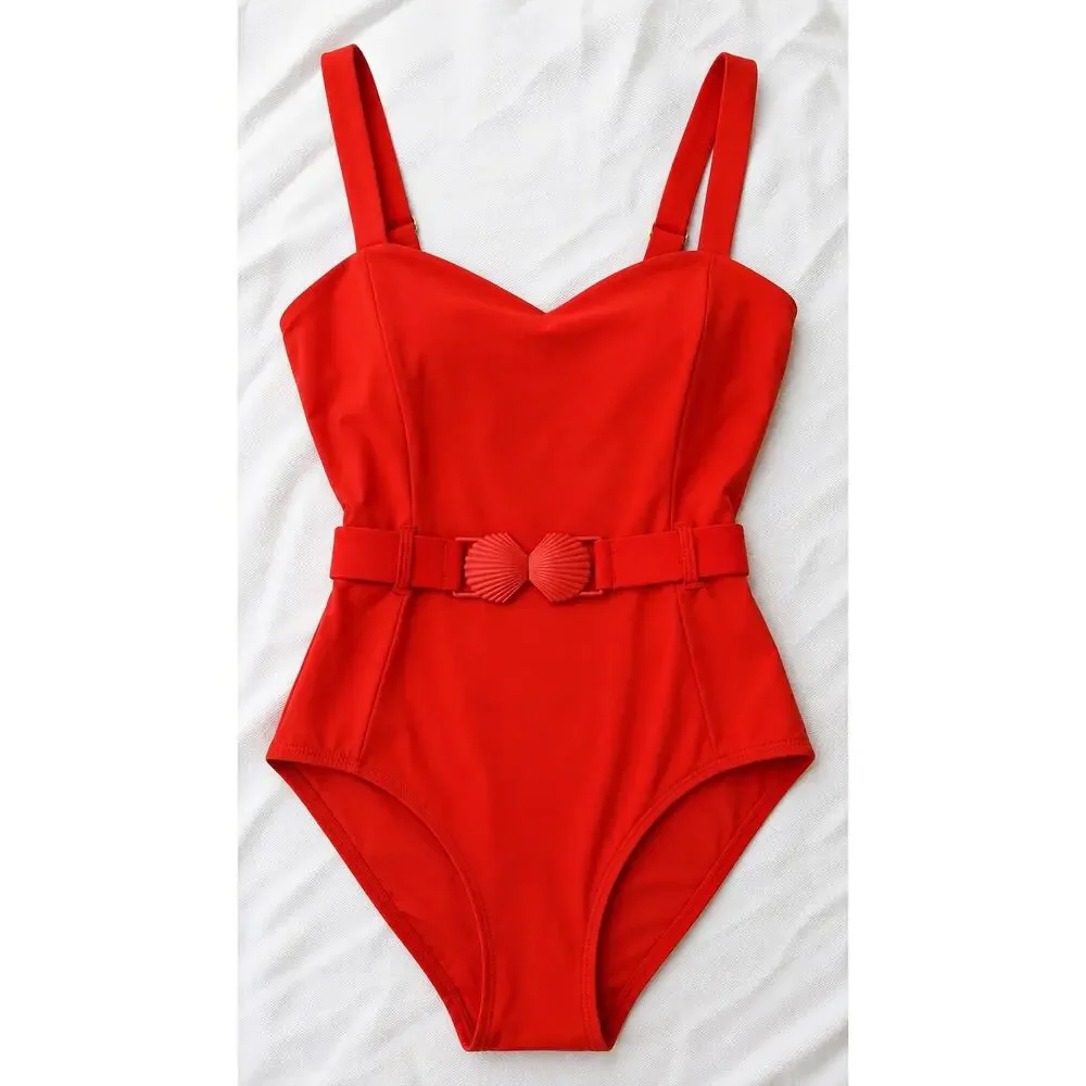 Alex Marie Signature Sculpt One Piece Swimsuit XS Poppy Red Belted NWT $112